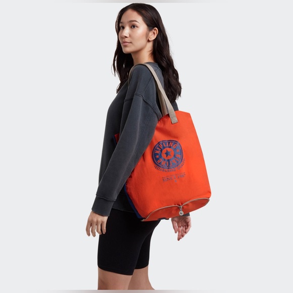 Kipling HIP HURRAY Packable Tote Bag Water Resistant Orange & Blue  NWT - Picture 8 of 8